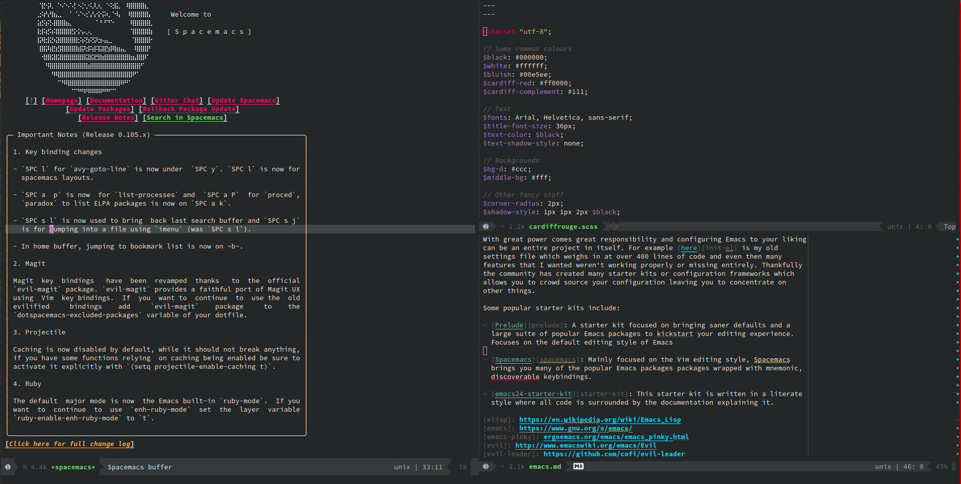 Emacs with a custom configuration, using the Spacemacs starter kit